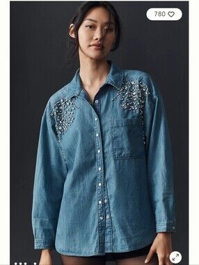 Anthropologie Embellished Denim Button-Up (Snaps) Shirt - Medium Blue